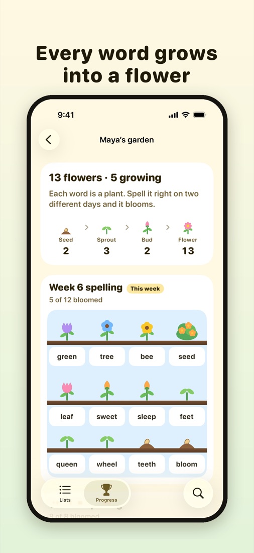 Maya's garden: each spelling word is a plant that blooms when she learns it