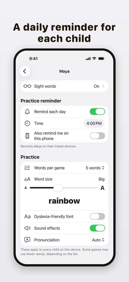 A daily practice reminder for each child